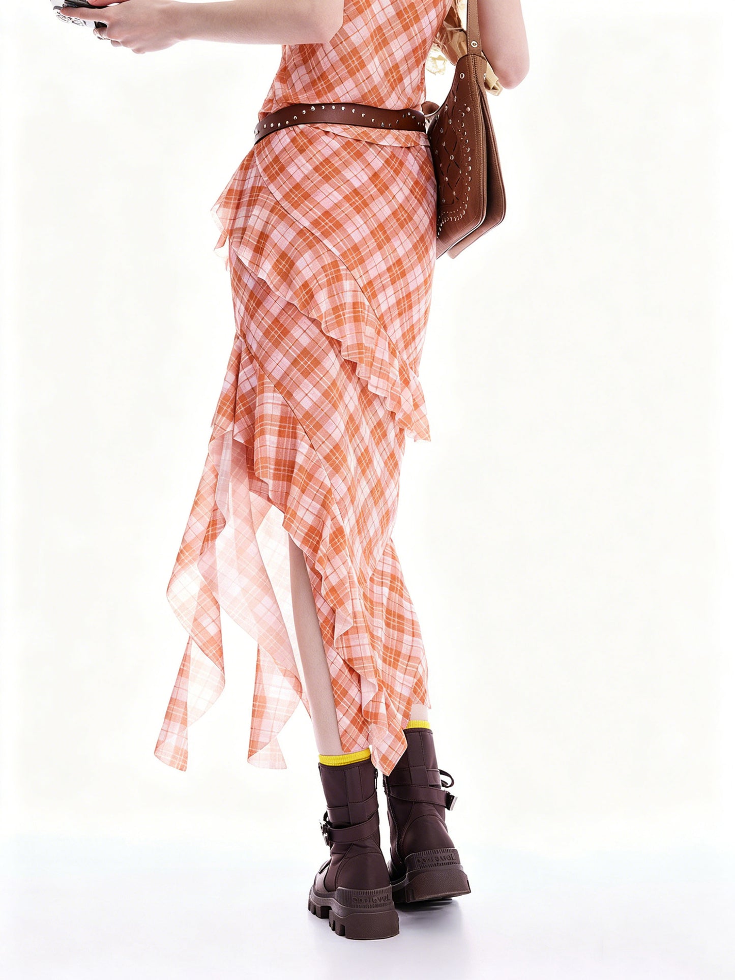 AYANAS Checkered Print Stretch-Fit Layered Ruffled Midi Skirt