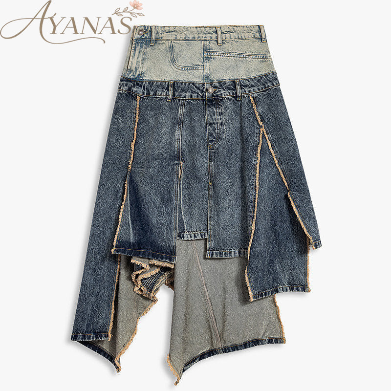 AYANAS Two-Tone Patchwork Denim Skirt