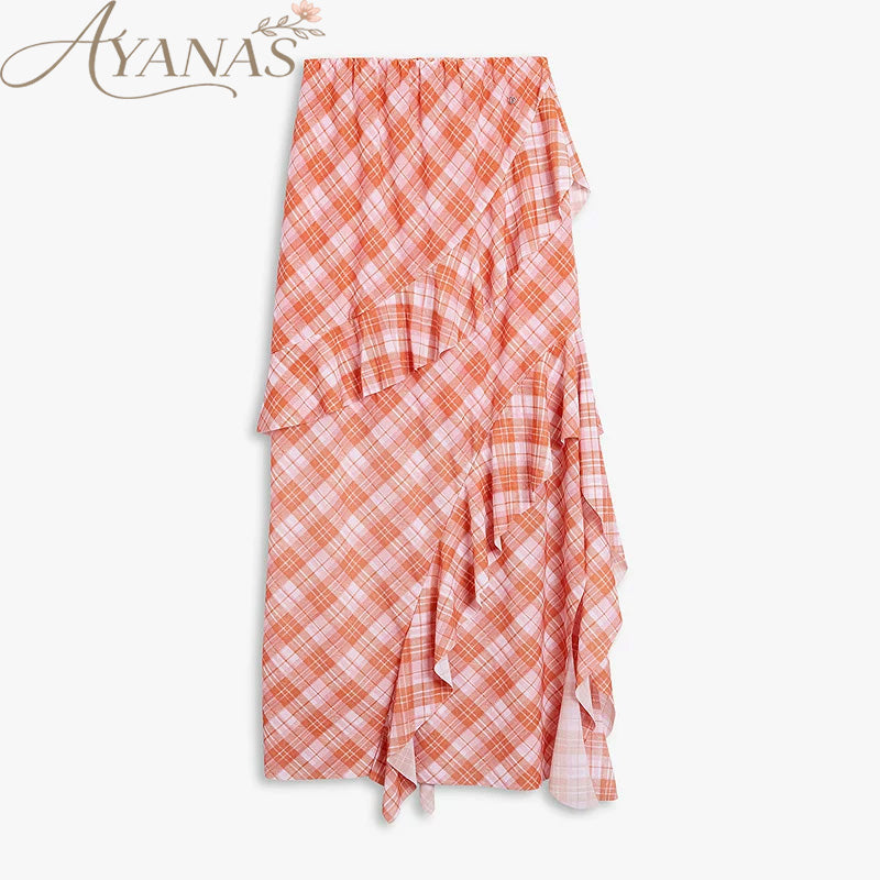 AYANAS Checkered Print Stretch-Fit Layered Ruffled Midi Skirt