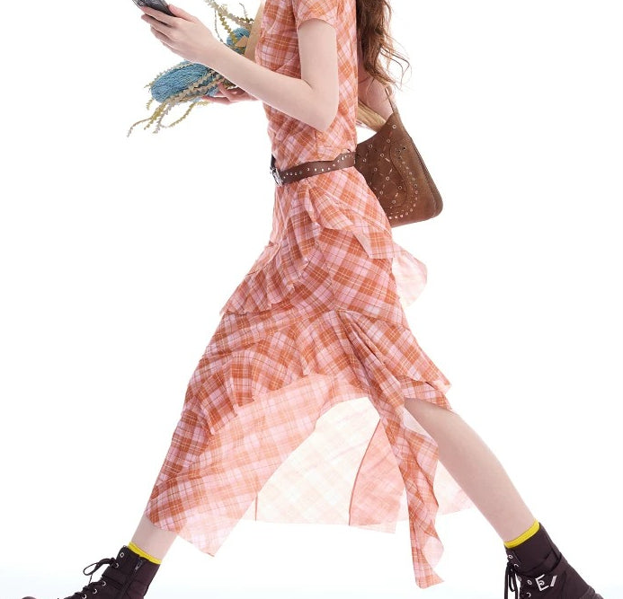 AYANAS Checkered Print Stretch-Fit Layered Ruffled Midi Skirt