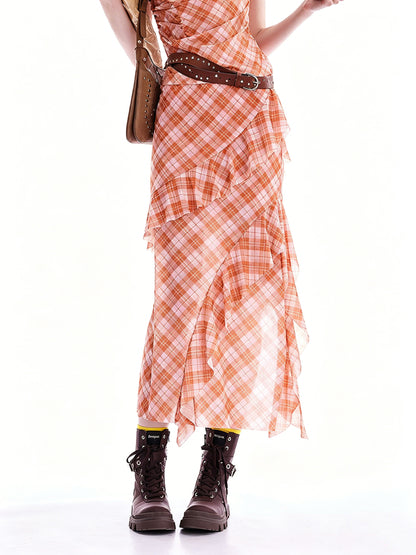 AYANAS Checkered Print Stretch-Fit Layered Ruffled Midi Skirt