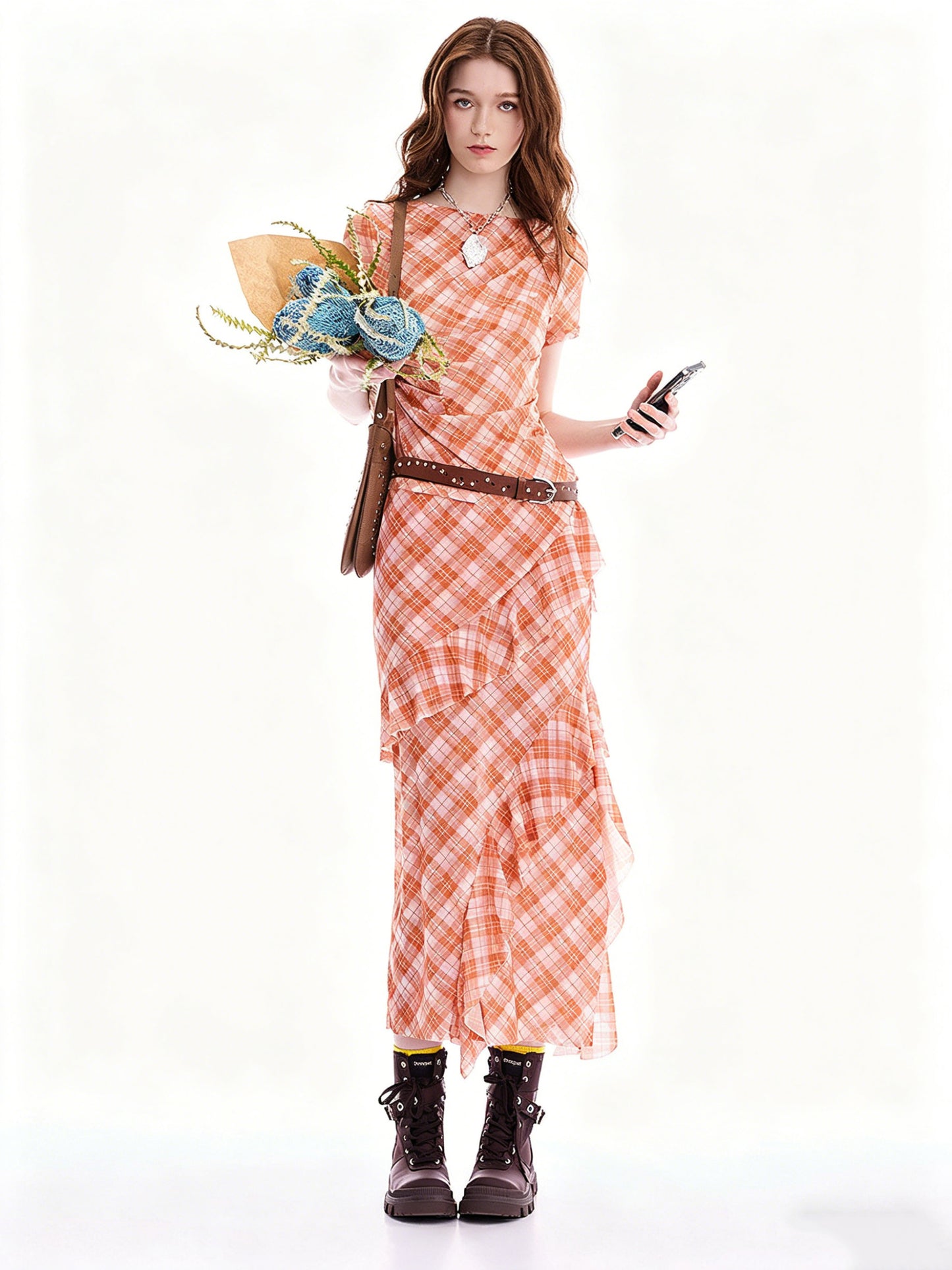 AYANAS Checkered Print Stretch-Fit Layered Ruffled Midi Skirt