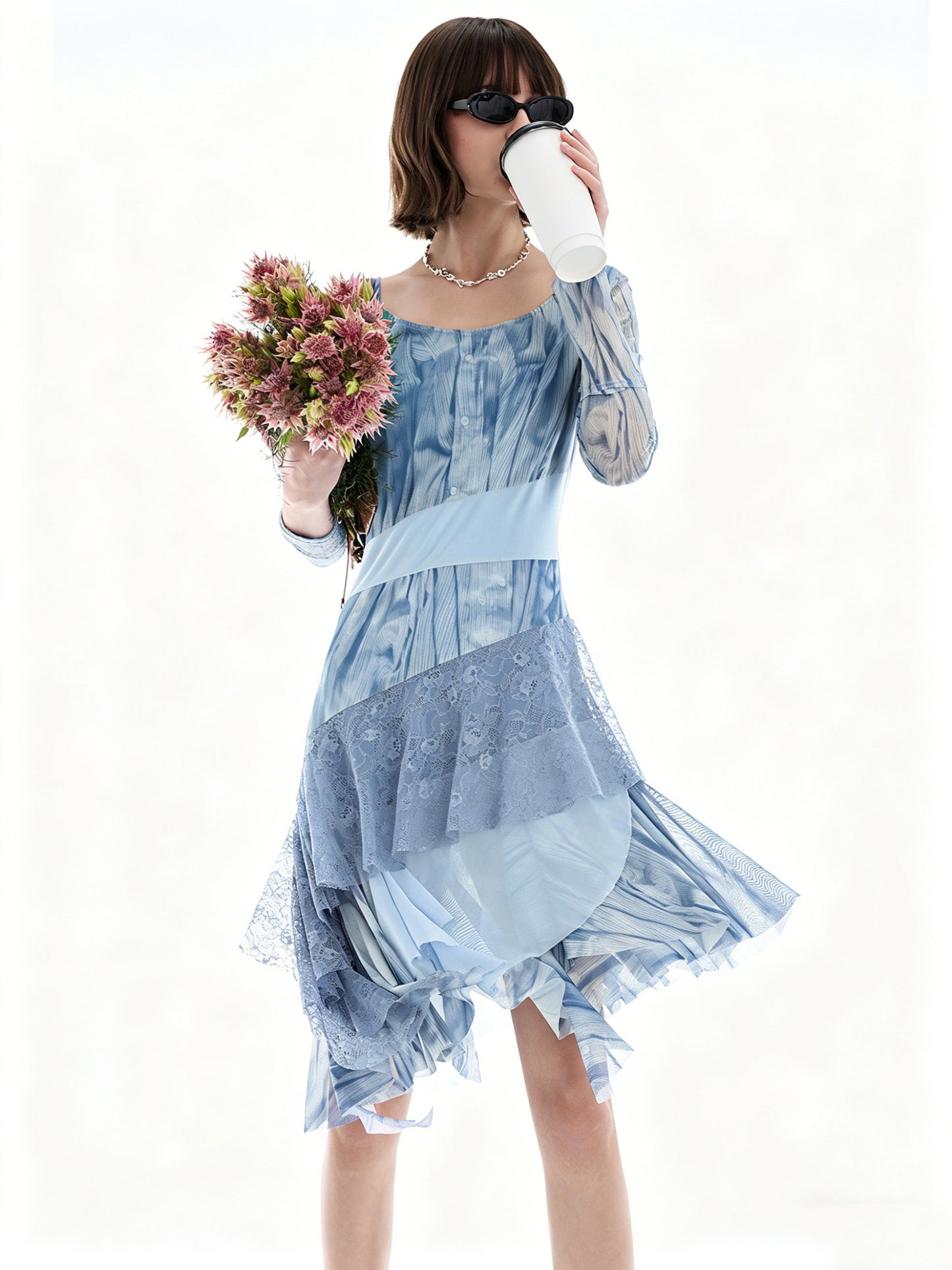 AYANAS Blue Printed Mesh and Lace Patchwork Dress