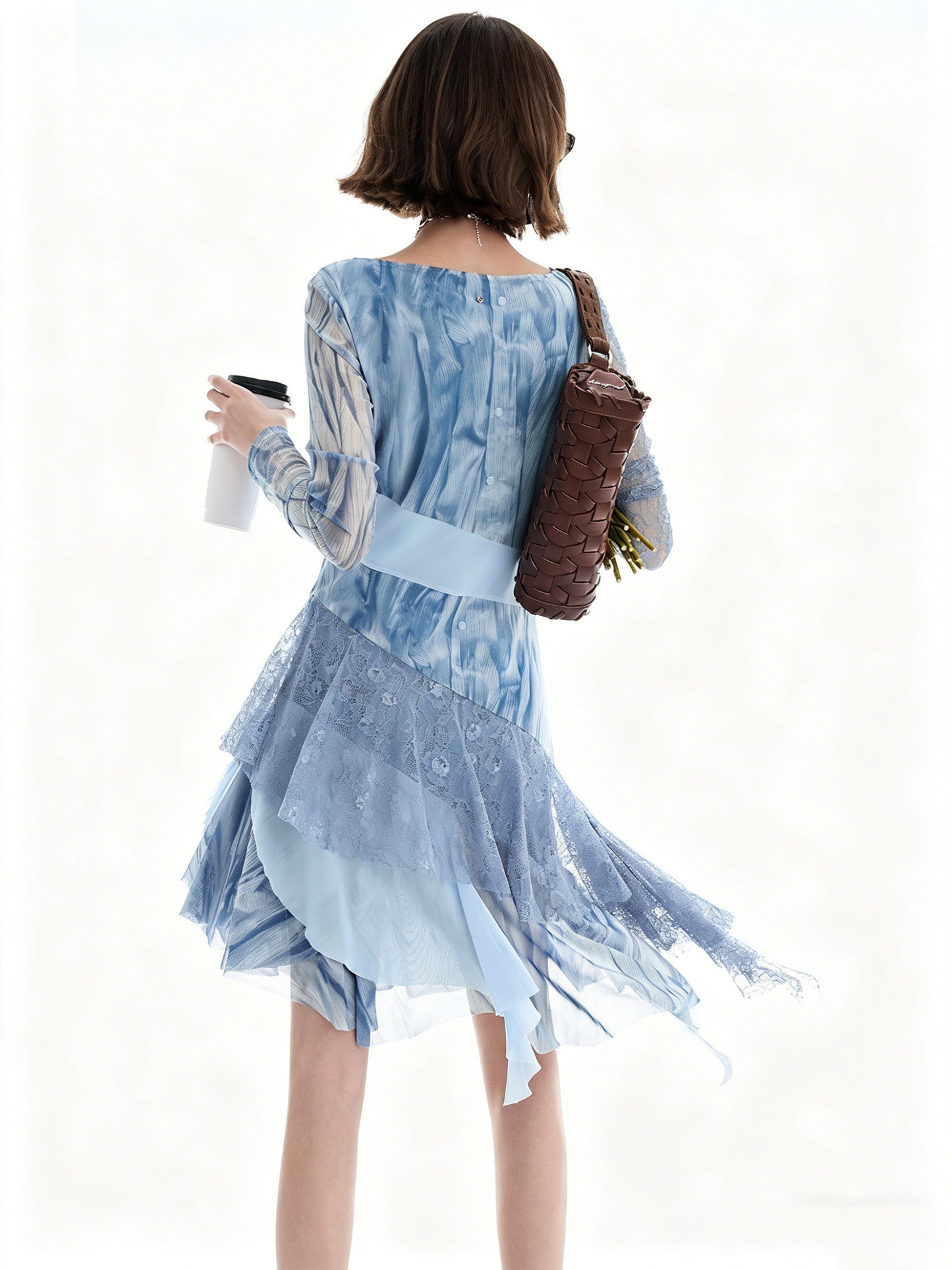 AYANAS Blue Printed Mesh and Lace Patchwork Dress