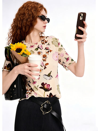 AYANAS Floral-print patchwork stretch T-shirt