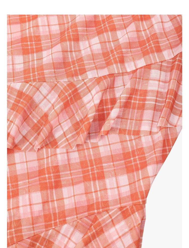 AYANAS Checkered Print Stretch-Fit Layered Ruffled Midi Skirt