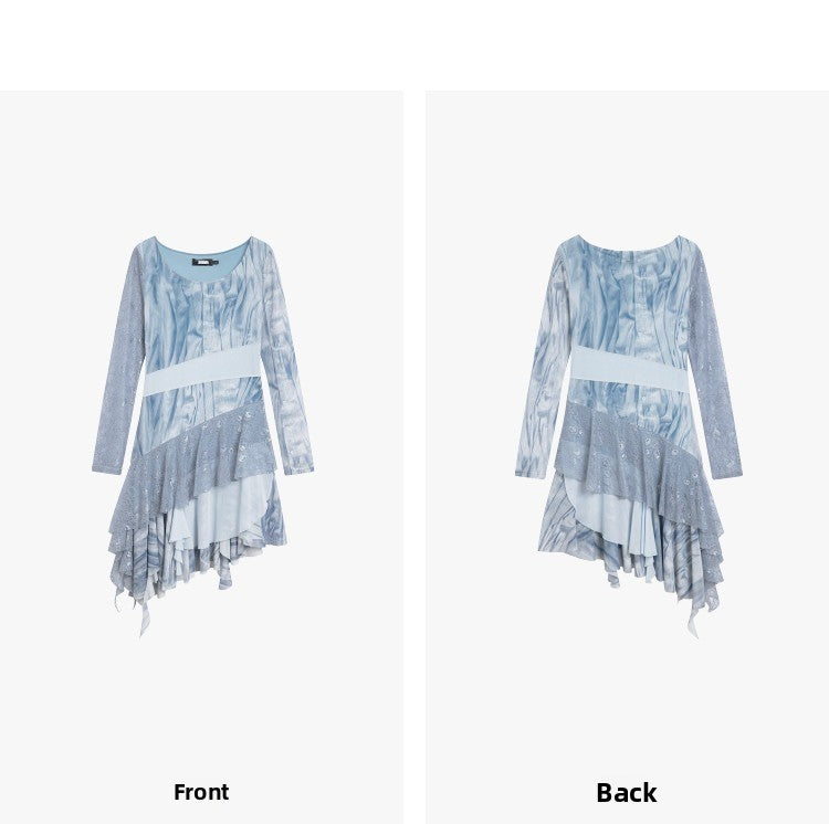 AYANAS Blue Printed Mesh and Lace Patchwork Dress