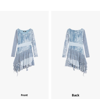 AYANAS Blue Printed Mesh and Lace Patchwork Dress