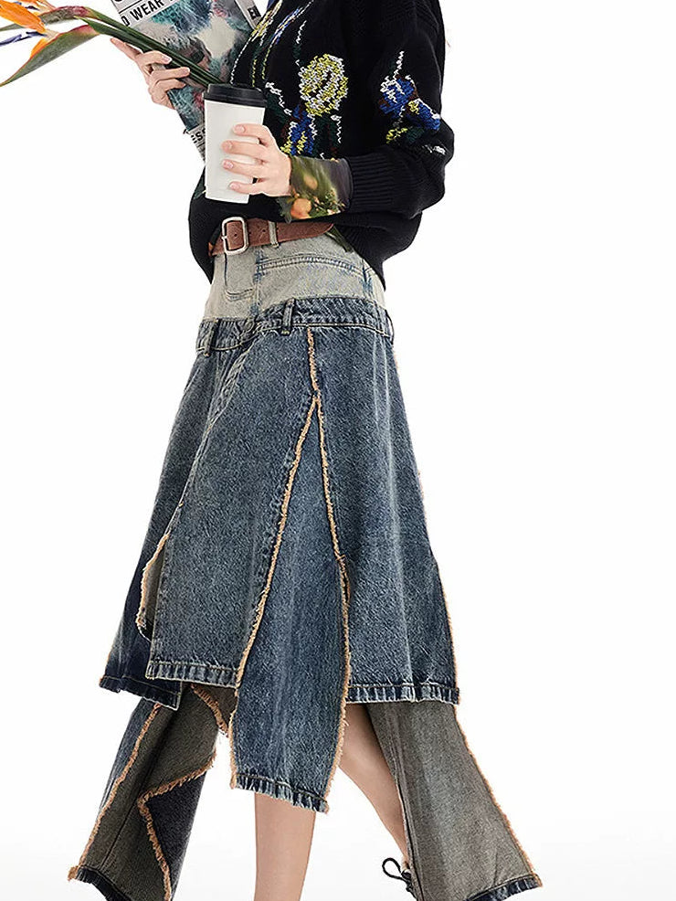 AYANAS Two-Tone Patchwork Denim Skirt