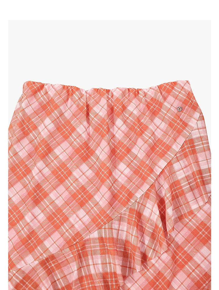 AYANAS Checkered Print Stretch-Fit Layered Ruffled Midi Skirt
