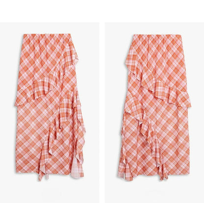 AYANAS Checkered Print Stretch-Fit Layered Ruffled Midi Skirt